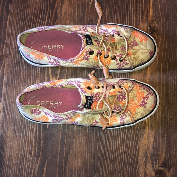 Sperry Shoes - Sperry Tan Leaf Printed Top-Sider Boat Shoes